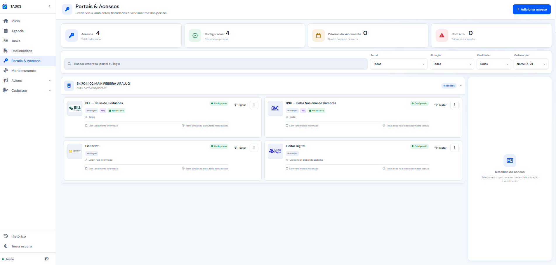 Tela de Portais e Acessos da Tasks: credenciais por empresa e portal, com teste de conexão