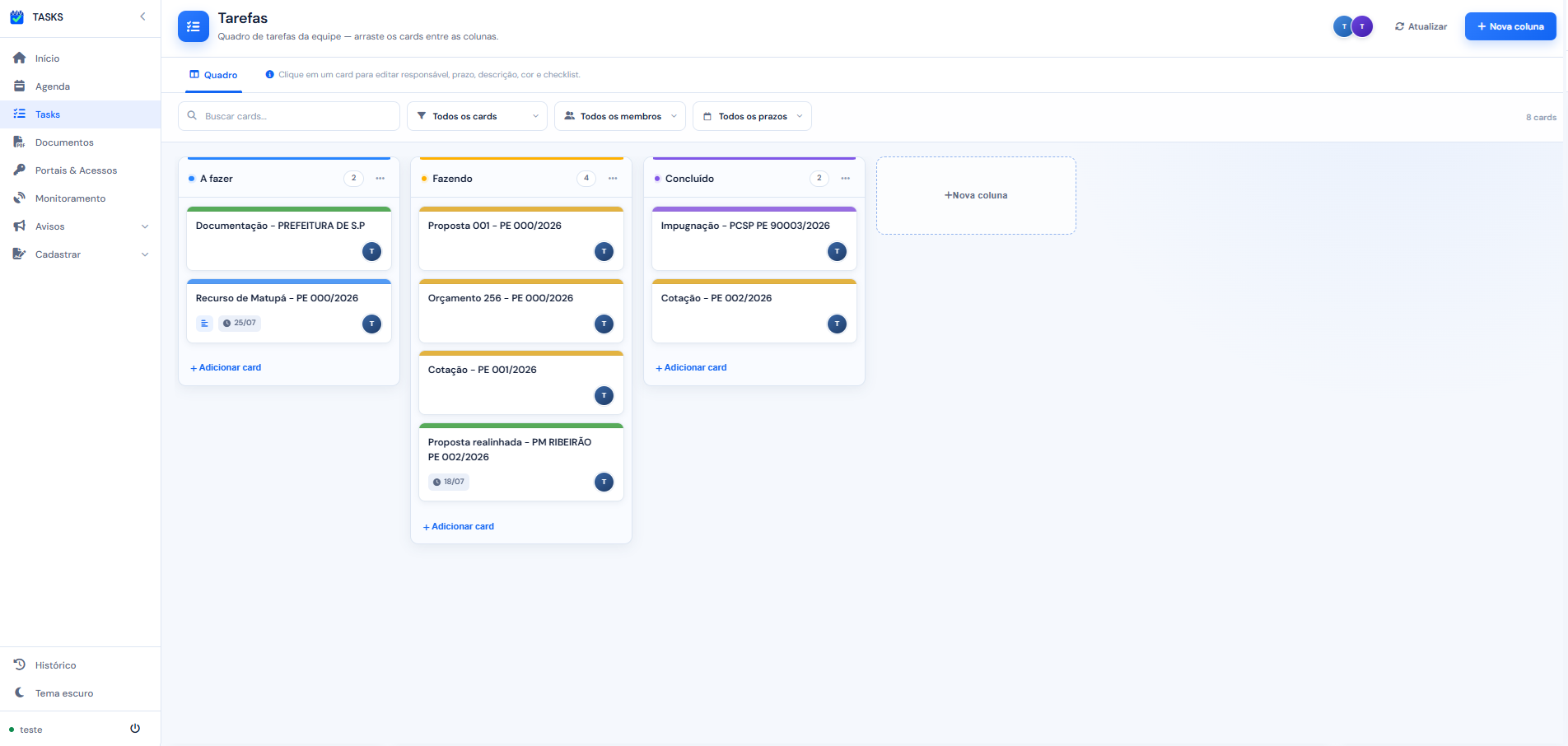 Quadro de tarefas da Tasks: colunas A fazer, Fazendo e Concluído com cards de processos